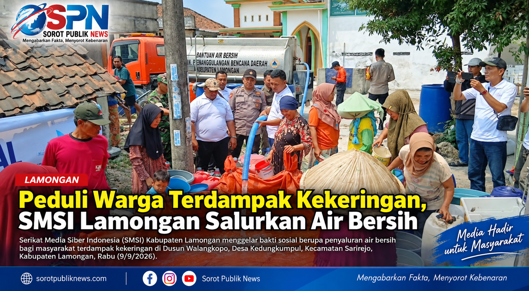 Peduli Warga Terdampak Kekeringan, SMSI Lamongan Salurkan Air Bersih